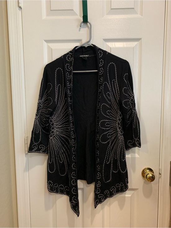 Lauren Michelle Sweaters - Lauren Michelle Black Open-Front Cardigan with White Embroidery
